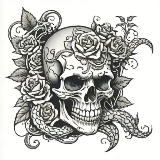skull with 4 snakes and vines and roses growing sleve  tattoo design idea