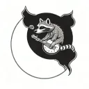 raccoon wearing hightop sneakers while sitting in the crook of a cresent moon and playing the banjo tattoo design idea