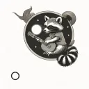 raccoon wearing hightop sneakers while sitting in the crook of a cresent moon and playing the banjo tattoo design idea