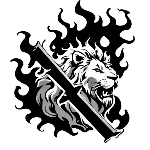 cross, lion, fire coming tattoo design idea