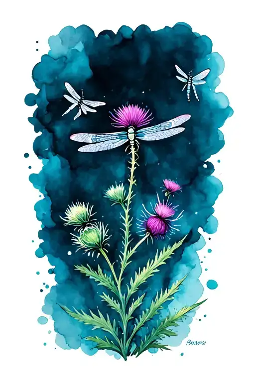 thistle, dragonflies, watch with Roman numbers, dinna fash sassenach tattoo design idea