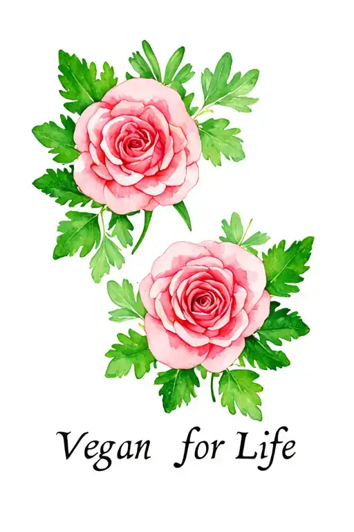 Embed the text "Vegan for Life" with leaves from cilantro, rose, and jasmine plants tattoo design idea