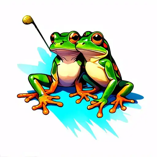 colorful tree frog couple, female is an artist, male is a golfer tattoo design idea