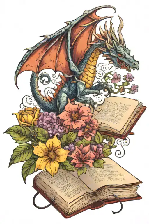 A dragon flying out of a book surrounded by flowers tattoo design idea