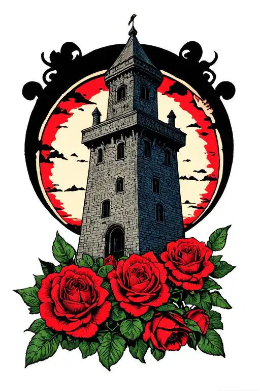 dark tower in a field of roses tattoo design idea