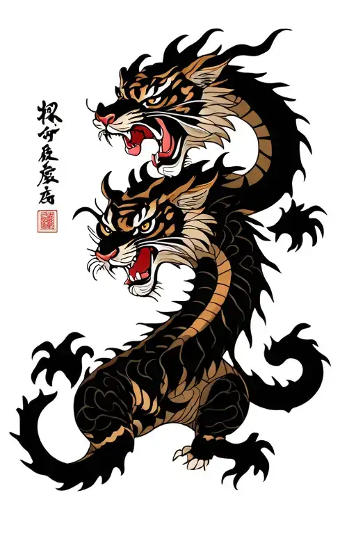 Dragon fighting a Tiger yakuza tatto style , add Mountain in the back and japanese houses tattoo design idea
