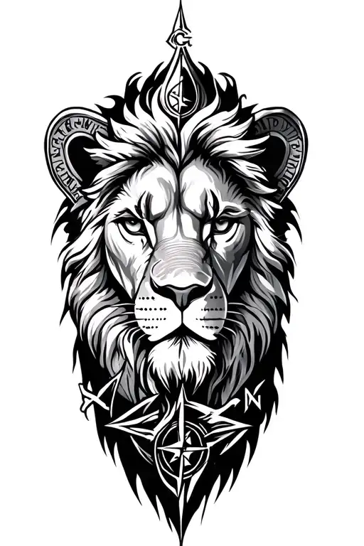 Lion compass viking map mountain terrain filled tattoo design idea