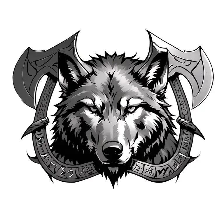 chest tattoo of fenrir viking Norse wolf, two viking axes and a thick two line band around the collar bone with runes tattoo design idea