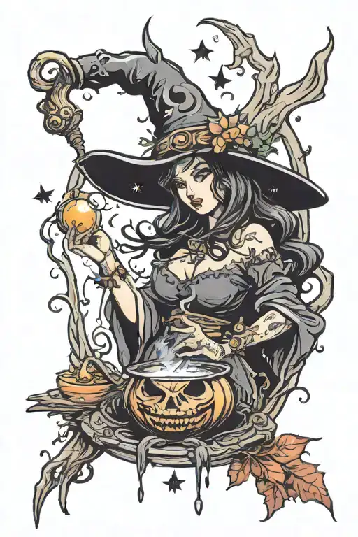 witch casting spells tattoo design idea