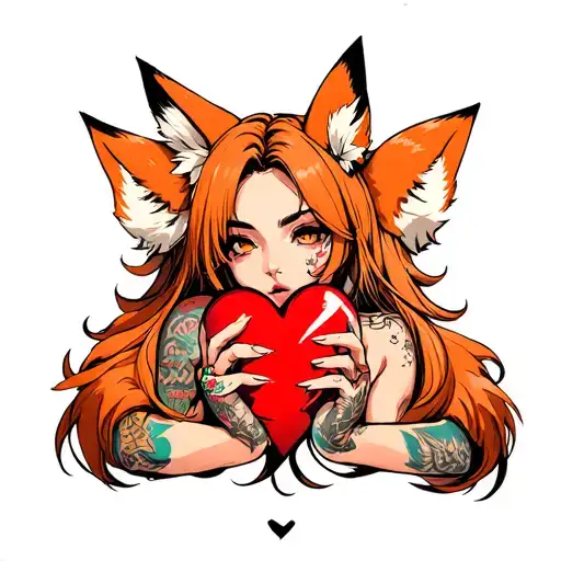 anime woman with tattoos and fox ears stitching together a broken heart wrapped with fox tails tattoo design idea