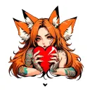 anime woman with tattoos and fox ears stitching together a broken heart wrapped with fox tails tattoo design idea