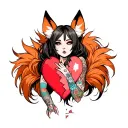 anime woman with tattoos and fox ears stitching together a broken heart wrapped with fox tails tattoo design idea
