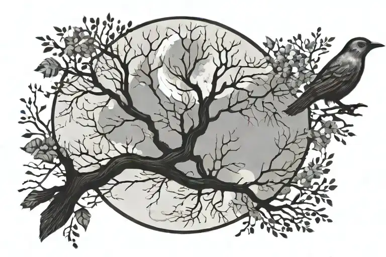 moon trees bird flying tattoo design idea