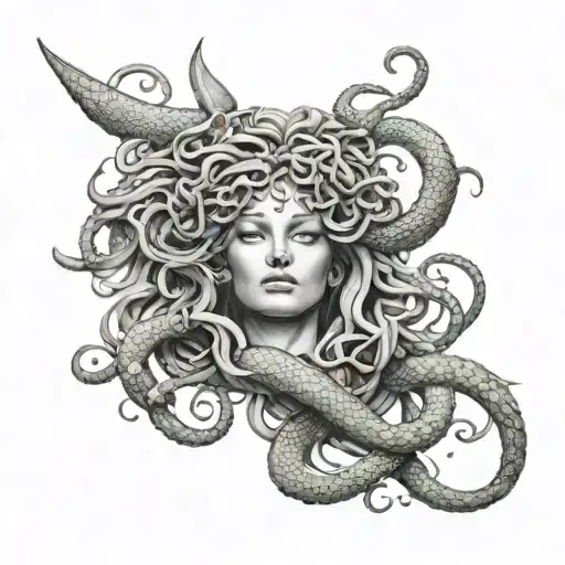 forearm sleeve of Medusa holding snakes wrapped round tattoo design idea
