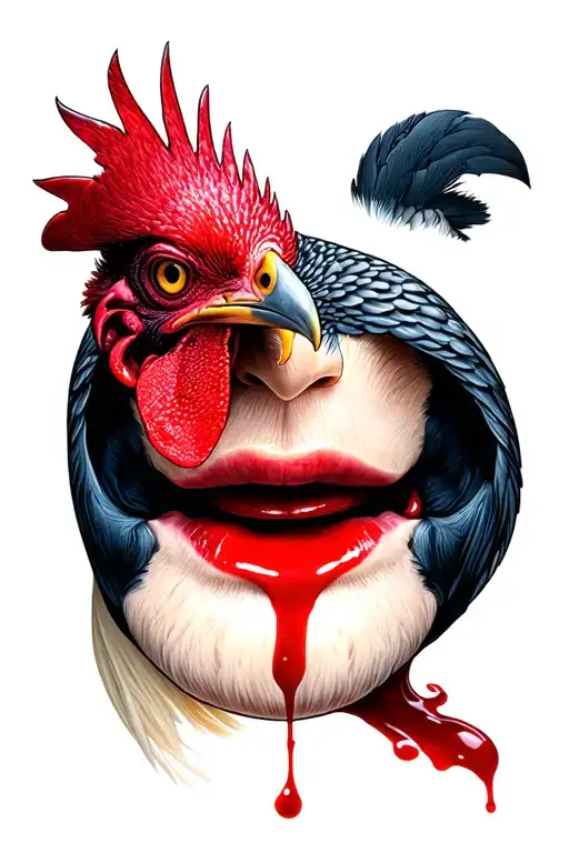 A cock's head (the bird) being eaten by woman's mouth, blood dripping on the lips tattoo design idea