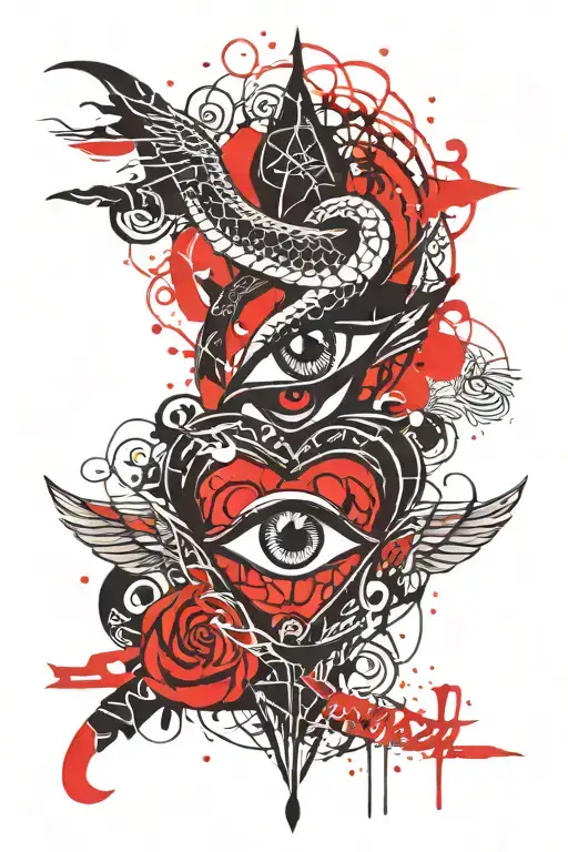 You can't always get what you want text, eye of horus, black stylized heart, majin sign from DBZ, little snake tattoo design idea