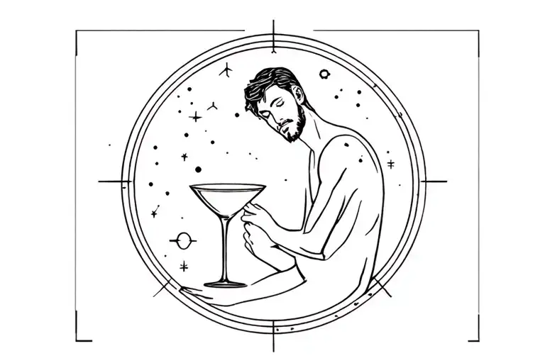 Constellation of the Aquarius with a half full glass and a pensive man tattoo design idea