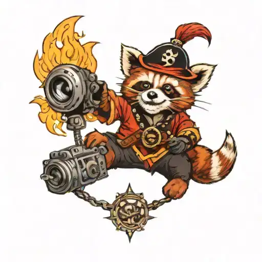 red panda as a pirate with photo camera on top of a flying fire breathing dragon tattoo design idea