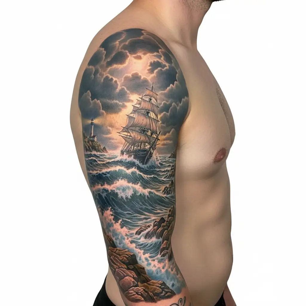 A detailed mountain landscape with a nestled cabin and a hidden hunting scene incorporated within the design tattoo design idea