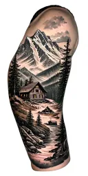 A detailed mountain landscape with a nestled cabin and a hidden hunting scene incorporated within the design tattoo design idea