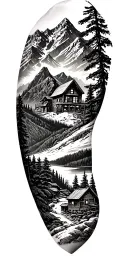 A detailed mountain landscape with a nestled cabin and a hidden hunting scene incorporated within the design tattoo design idea