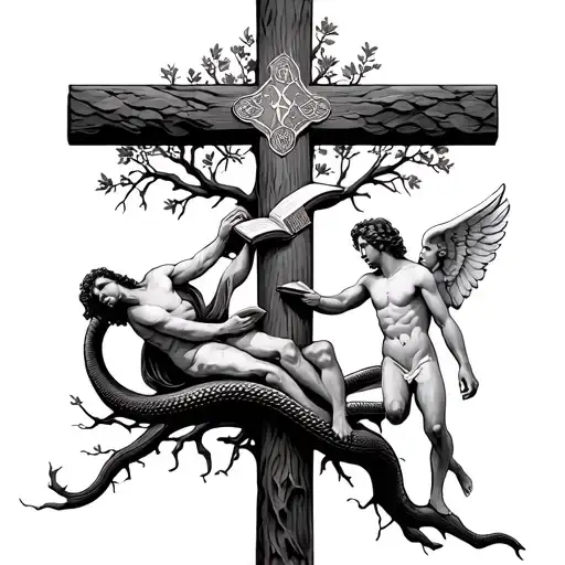 biblical cross and Adam and Eve at the tree of knowledge with the serpent with a bible and an angel  tattoo design idea