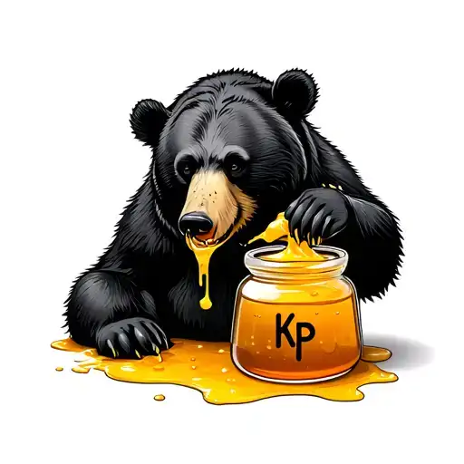 black bear eating honey from a honey pot with honey dripping over the side. the honey pot has KP written on it  tattoo design idea