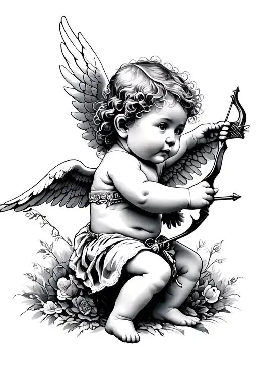 baby angel with bow and arrow shooting right tattoo design idea