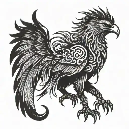 A magical griffin with Korean symbols intertwined in its feathers in blackwork style tattoo design idea