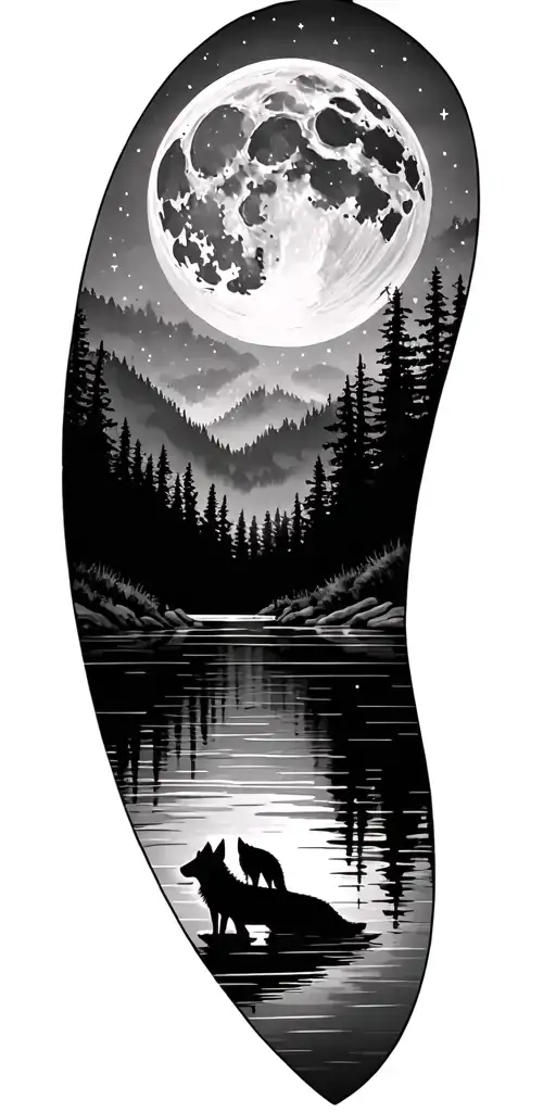 moon over Forest skyline, a wolf on lake add stars tattoo design idea