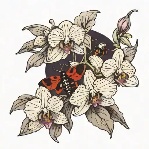 white and deep purple orchid branch with waning moon and lady bug tattoo design idea