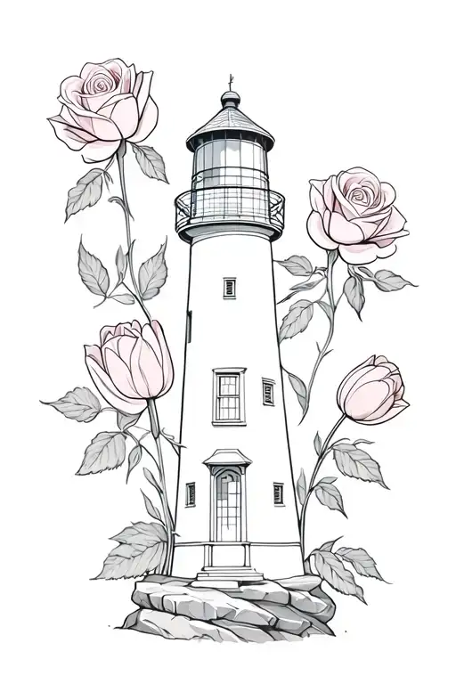 light house on rocks with roses and tulips tattoo design idea