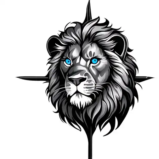 lion cross blue eyes tattoo design idea
