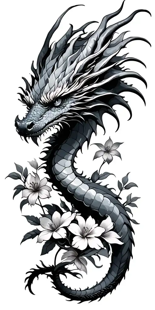 dragon and flowers blooming tattoo design idea
