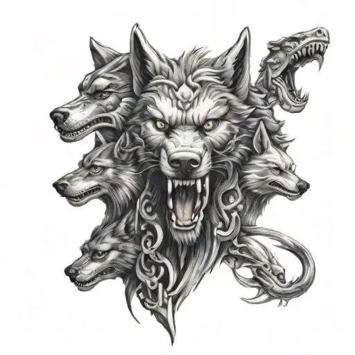 A evil realistic totem pole with the heads of a wolf, dragon, bear, shark on top of each other  tattoo design idea