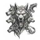 A evil realistic totem pole with the heads of a wolf, dragon, bear, shark on top of each other  tattoo design idea