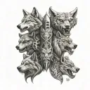 A evil realistic totem pole with the heads of a wolf, dragon, bear, shark on top of each other  tattoo design idea