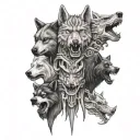 A evil realistic totem pole with the heads of a wolf, dragon, bear, shark on top of each other  tattoo design idea