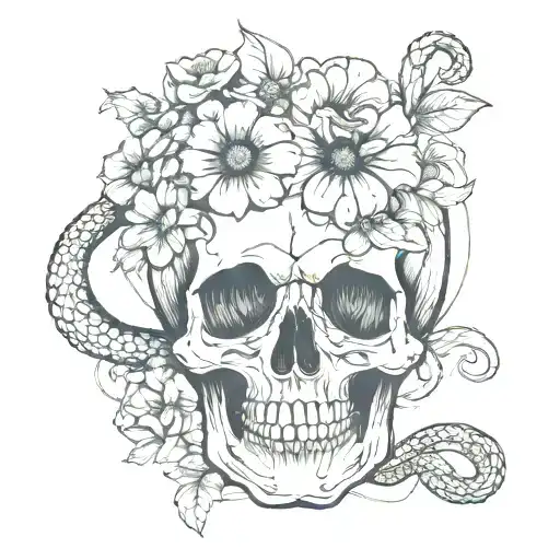  half of a skull, the other half of the skull are flowers, and a snake coming out of the skull tattoo design idea