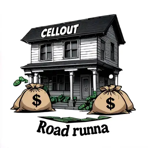 A traphouse that has the name Cellout in the middle of it underneath the traphouse the text "Road runna" with money bags tattoo design idea