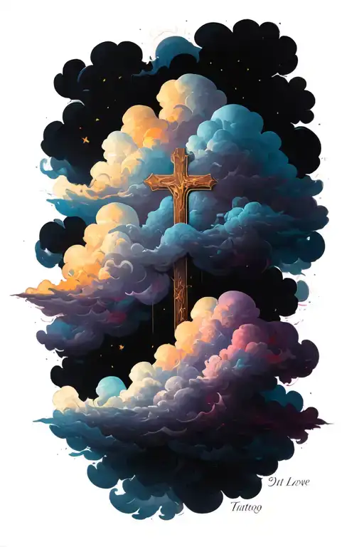 clouds cross with name incorporated representing the client's love tattoo design idea