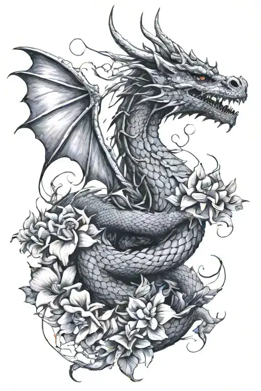 dragon gothic, feminine, i am the sky and power of every storm, violets  tattoo design idea