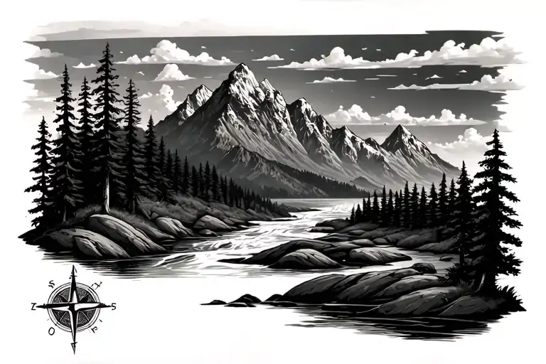 Nature sleeve tattoo featuring mountains, trees, sky, and a river. Include a compass tattoo design idea