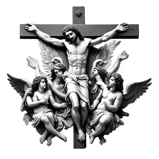 On the side of Jesus on the crucifixes around him people and angels tattoo design idea