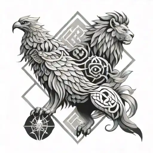 A lion and phoenix in a geometric pattern representing balance and harmony tattoo design idea