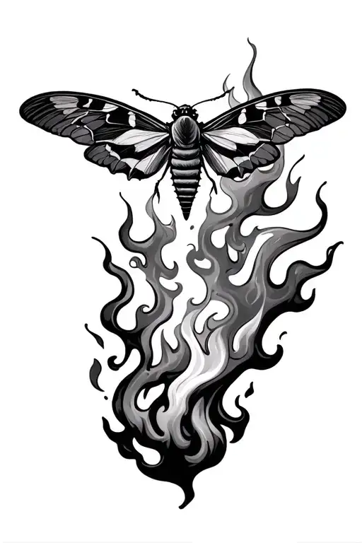 match burned with moth surrounded with some flames in their wings and some smoke arround tattoo design idea