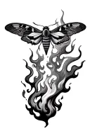 match burned with moth surrounded with some flames in their wings and some smoke arround tattoo design idea