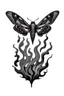 match burned with moth surrounded with some flames in their wings and some smoke arround tattoo design idea