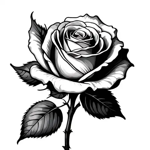 dainty rose with stem and leaves tattoo design idea