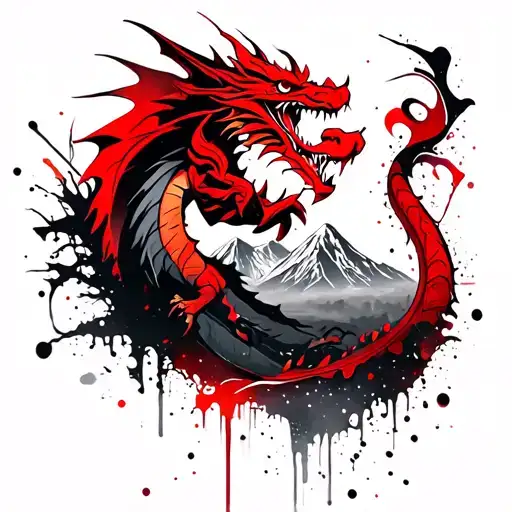 welsh dragon and mountain scene tattoo design idea